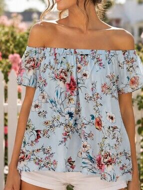 Bobeau Blue Floral Off Shoulder Blouse Size L Short Sleeve Summer Top